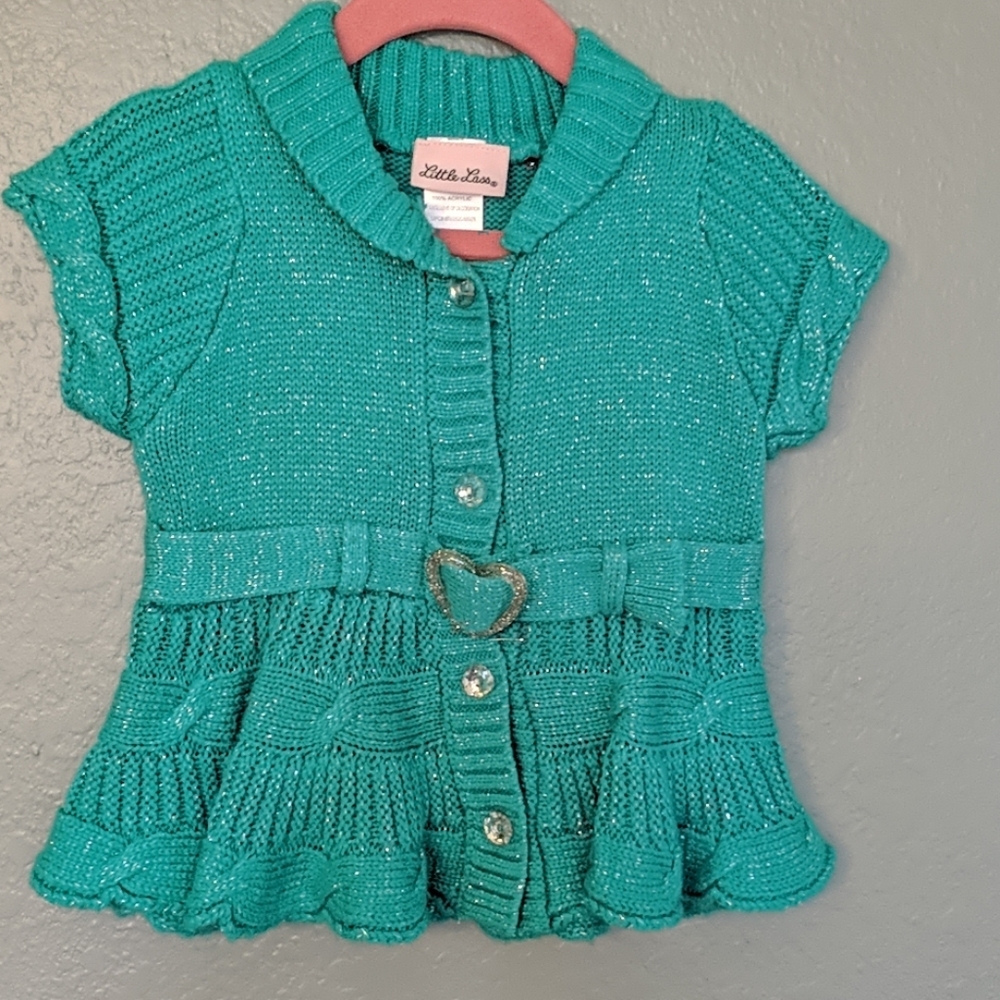 Short sleeve sweater, teal with silver sparkles